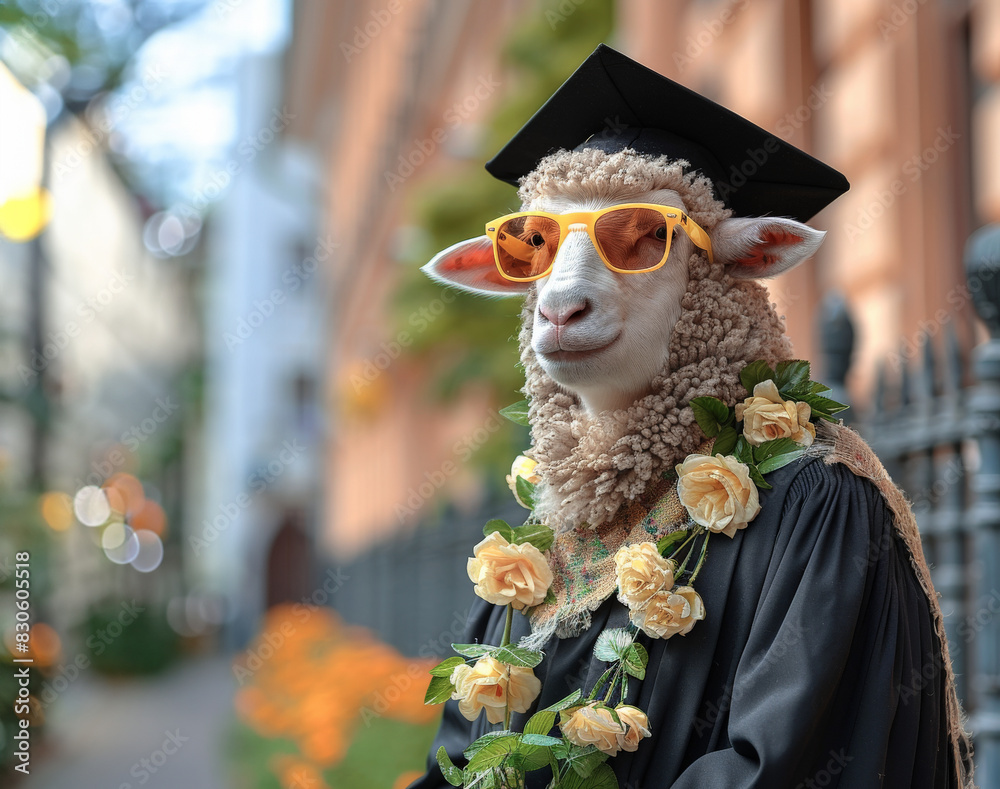 Wall mural Graduation sheep lamb dark dress graduate cap yellow dark glasses background educational institution