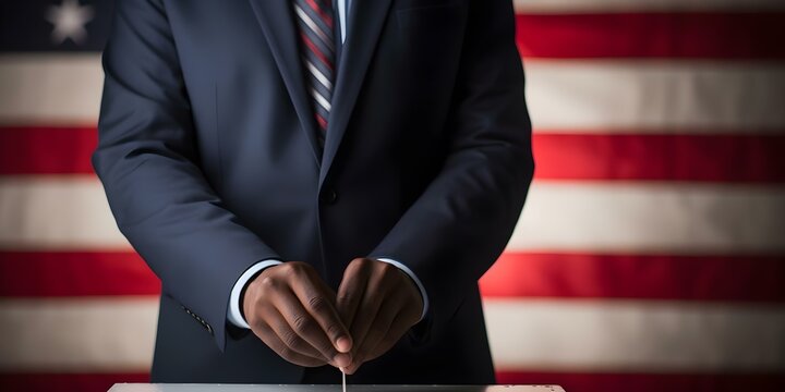 A black man in a suit voting on election day. Concept Election Day, Voting, Political Participation, Diversity, Civic Responsibility