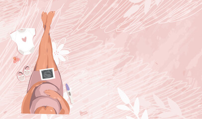 Modern pregnancy and motherhood background, top view of pregnant woman with positive pregnancy test and baby clothes, waiting for baby to be born. © Salomi art