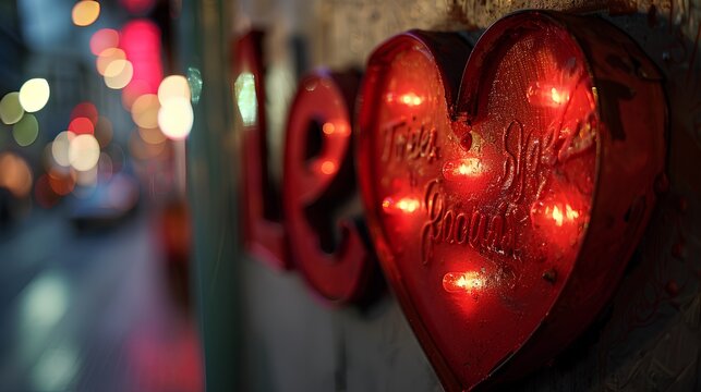A red heartshaped light with the word "Love" engraved on it, glowing softly in an urban setting at night. The background is blurred to emphasize the lights and letters of love.
