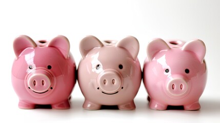  cute pink piggy banks lined up in the middle of an isolated white background