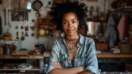 Confident Jewelry Maker Showcasing Her Creations in Her Vibrant Studio Space