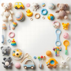 AI Generate of A Kid Toys, Baby Toys, Toddler Toys, Toys with white area for copy text in the middle. Top View. Flat Lay. White Background.