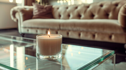 A sleek modern glass candle on a glass bench, with a luxurious velvet sofa in the background,...