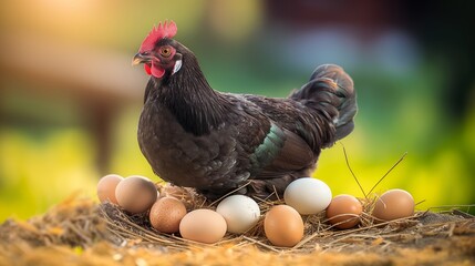 A black hen sits on eggs in the straw, with sunlight shining through green grass and a blurred background. Farm life wide panoramic banner with copy space.