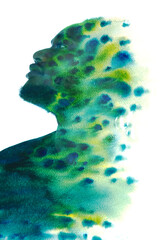 A blue green and yellow watercolor profile paintography portrait of a man