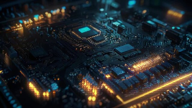 A close-up image of a computer circuit board with many electronic components, including a central processing unit, and other chips. The image is dark with bright yellow and blue lights on the board.