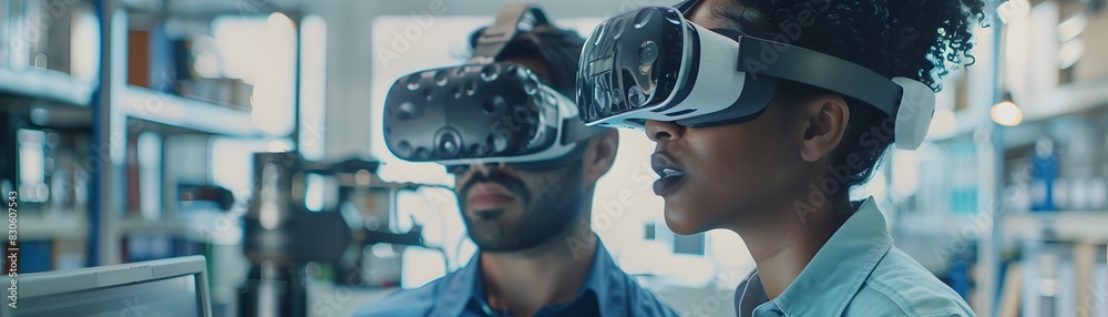 Poster engineers using virtual reality technology to collaborate on machine prototype team concept