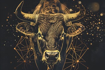 A golden zodiac bull with a metallic texture and symmetrical composition against a dark black and white background in the style of a mysterious starry sky pattern.