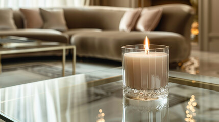A sleek modern glass candle on a glass bench, with a luxurious velvet sofa in the background,...