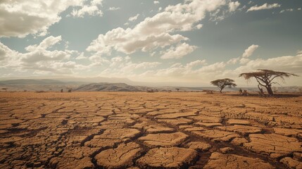 A dry desert landscape with cracked ground and sparse trees under a bright sky, highlighting the effects of drought and climate change.