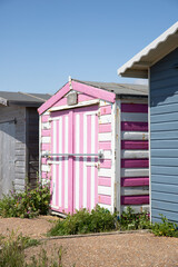 The beautiful beach huts at Bulverhythe Beach in Hastings