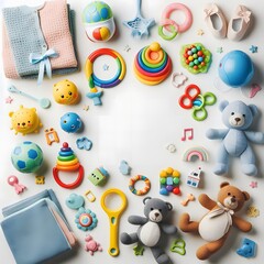 Fototapeta premium AI Generate of A Kid Toys, Baby Toys, Toddler Toys, Toys with white area for copy text in the middle. Top View. Flat Lay. White Background.