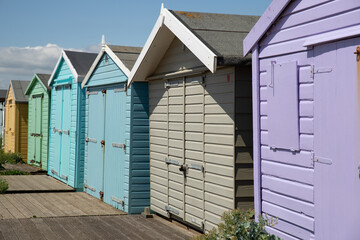 The beautiful beach huts at Bulverhythe Beach in Hastings