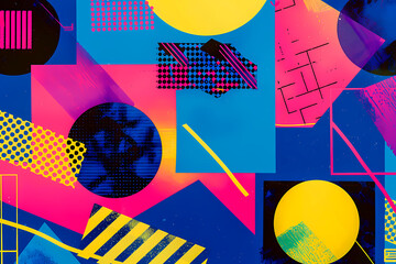 Bright geometric shapes and patterns with a retro vibe dominate this colorful, modern pop art background