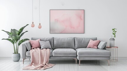 Gray sofa with pink pillows and blanket against white wall with abstract painting in the living room.