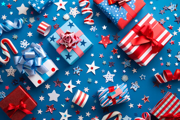 Fototapeta premium A bright image showcasing various gift boxes and party decorations with stars and ribbons in patriotic colors