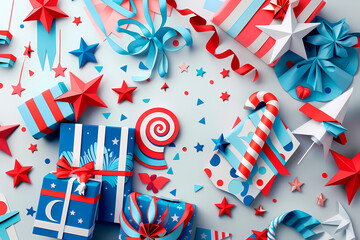 Fototapeta premium Colorful image showing paper stars, gifts, and decorations in red, blue, and white, evoking a festive spirit