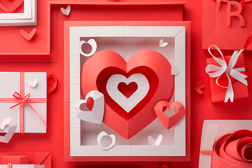 A detailed layered paper artwork featuring red hearts, gifts and floral elements