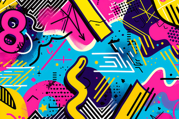 Abstract composition with a dynamic mix of shapes, lines, and colors, conveying a sense of movement