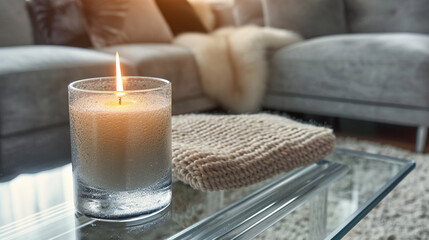 A unique clear glass candle on a transparent glass bench, accompanied by a cozy gray sectional sofa