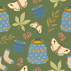 Tea thermos, coffee mug, cup and lamp seamless pattern, flat style, children's cute pattern, background, retro colors