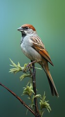 Fototapeta premium Sparrow sitting on a branch on a green background.