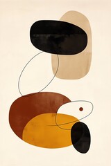 Abstract art with geometric shapes and earthy colors like black, brown, and beige on a light background.
