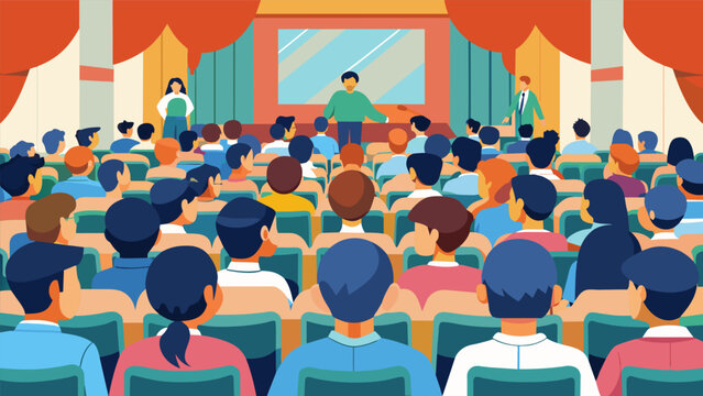 As the last students take their seats the school auditorium is filled to the brim with attentive faces all waiting for the assembly to begin.. Vector illustration