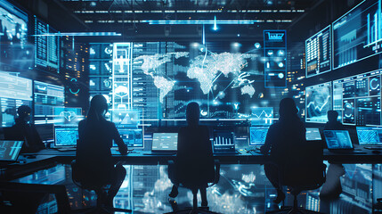 Futuristic technology concept. Team of artificial intelligence software engineers and finance workers in financial stock market that is digitalized with graphics into digital twin of finance Industry