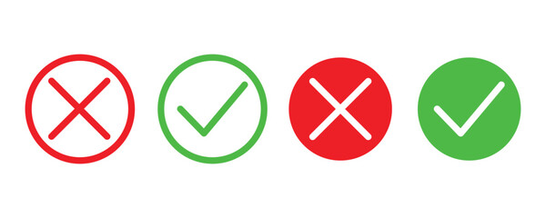 check mark icon button set. check box icon with right and wrong buttons and yes or no checkmark icons in green tick box and red cross, isolated with white background. 11.11