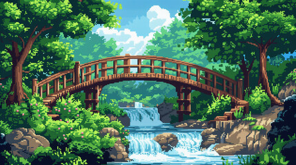 Fototapeta premium A pixel art wooden bridge over a bubbling river, with lush greenery on either side. , assets, pixel art