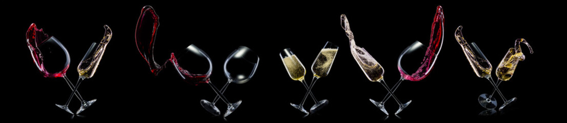 Set of red wine and champagne glasses on isolated on a black background
