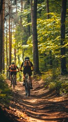 Fototapeta premium Mountain Bikers Navigating Challenging Forest Trail in Thrilling Outdoor Adventure
