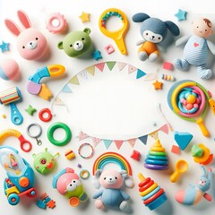 Fototapeta premium AI Generate of A Kid Toys, Baby Toys, Toddler Toys, Toys with white area for copy text in the middle. Top View. Flat Lay. White Background.