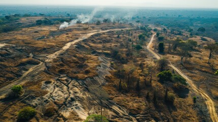 Aerial View of Deforestation: Photograph aerial views of vast swaths of deforested land, providing a bird's-eye perspective on the scale and extent of forest loss.