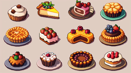 A collection of pixel art icons showing different types of foods, including cakes, pies, and pastries. , pixel art, set of icons, game assets