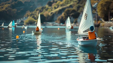 Children Sailing Small Boats in Calm Harbor Area for Outdoor Adventure Lessons