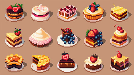 A collection of pixel art icons showing different types of foods, including cakes, pies, and pastries. , pixel art, set of icons, game assets