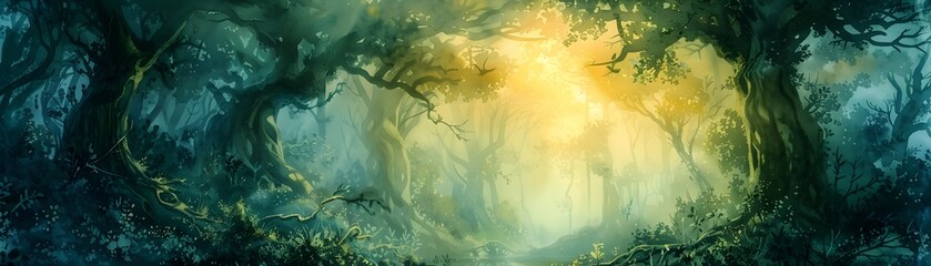 Enchanted Watercolor Forest with Mythical Creatures Concealed Among the Trees
