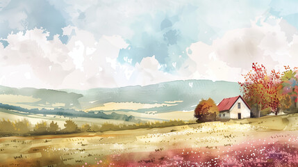 A peaceful countryside scene with rolling hills and a small cottage , watercolor style
