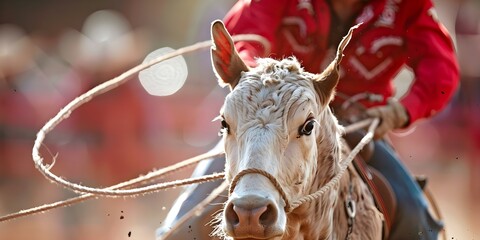 Closeup of a rodeo calf roper skillfully lassoing a calf highlighting the precision and speed of the traditional event. Concept Rodeo, Calf Roping, Precision, Speed, Traditional Event