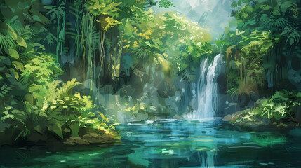Obraz premium A lush rainforest with a waterfall cascading into a pool , watercolor style