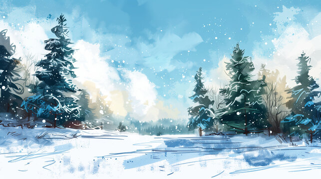 A snow-covered landscape with tall fir trees and a clear blue sky , watercolor style