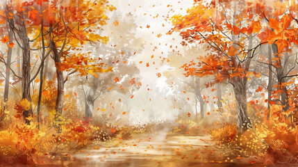 A serene autumn forest with falling leaves and a carpet of orange and yellow foliage , watercolor style