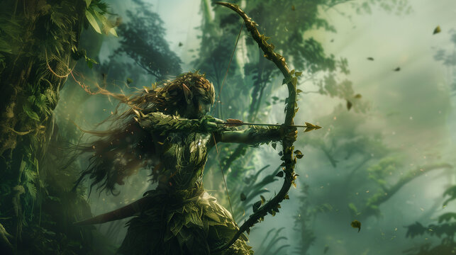 A mystical forest elf archer with long, flowing hair and intricate leaf-patterned armor, ready to shoot an arrow from a finely crafted bow, with an enchanted forest backdrop. , cha