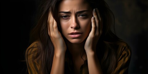 Depressed woman with posttraumatic stress disorder showing on her face. Concept Depression Symptoms, Mental Health Awareness, Post-Traumatic Stress Disorder, Emotional Health, Mental Wellness