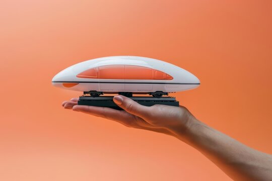 A human hand holding a model hyperloop train with a solid color backdrop and copy space