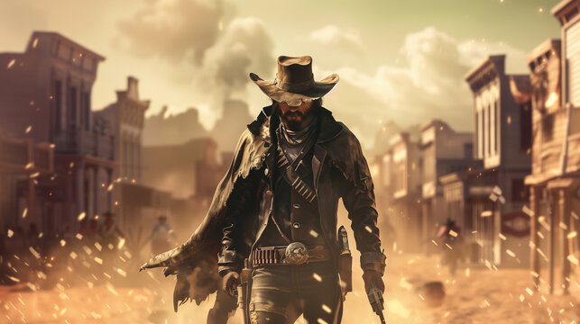 A rugged cowboy with a weathered hat and revolver, standing in a dusty desert town, ready for a showdown. , character design, concept art, video games