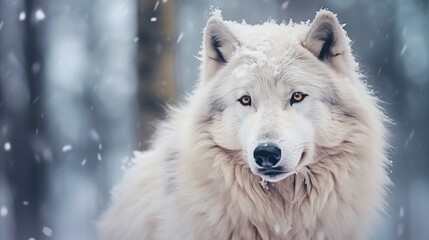 Obraz premium Portrait of white wolf in the winter season background, Photo shot, Wildlife concept